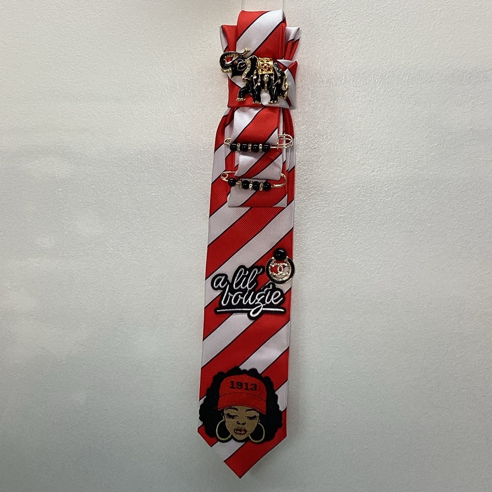 Chic Red and White Upcycled Tie with 1913 Embellishments
